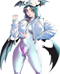 Rule 34 | 1girl, absurdres, animal print, baseball cap, bat wings, bodysuit, breasts, cameltoe, clothing cutout, demon girl, demon wings, green eyes, green hair, green nails, hand on own hip, hat, head wings, heart cutout, highres, jacket, jobin chan, long hair, long sleeves, looking at viewer, low wings, medium breasts, morrigan aensland, non-web source, parted lips, simple background, skin tight, smile, solo, vampire (game), white background, white jacket, wings