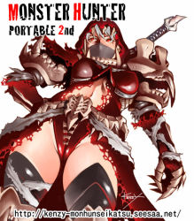 Rule 34 | 1girl, armor, bandages, belt, belt buckle, black thighhighs, buckle, cameltoe, capcom, center opening, claws, death gear (armor), death stench (armor), dress, dutch angle, elbow gloves, fangs, from below, gloves, groin, hand on own hip, hood, kenzy, looking away, mask, midriff, monster hunter, monster hunter (series), monster hunter portable, monster hunter portable 2nd, red eyes, shiny clothes, signature, simple background, skull, solo, standing, teeth, thighhighs, thighs, torn clothes, weapon, white hair, zettai ryouiki
