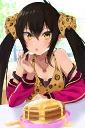 Rule 34 | 1girl, animal print, bad id, bad pixiv id, bare shoulders, black hair, blush, breasts, camisole, cleavage, collarbone, food, gomashi (goma), hair between eyes, hair ribbon, heart, heart necklace, highres, idolmaster, idolmaster cinderella girls, jacket, jewelry, leopard print, long hair, looking at viewer, matoba risa, necklace, off shoulder, pancake, pendant, pink jacket, print ribbon, ribbon, small breasts, solo, strap slip, syrup, tongue, tongue out, twintails, yellow eyes
