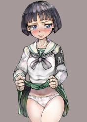 Rule 34 | 10s, 1girl, armband, bad id, bad pixiv id, black eyes, black hair, black neckerchief, blouse, blunt bangs, blush, bob cut, closed mouth, clothes lift, cowboy shot, crotch seam, embarrassed, frown, girls und panzer, green skirt, grey background, highres, lifting own clothes, long sleeves, looking at viewer, miniskirt, neckerchief, ooarai school uniform, panties, pleated skirt, school uniform, serafuku, shirt, short hair, sikijou77o, simple background, skirt, skirt lift, solo, sono midoriko, standing, tearing up, underwear, wavy mouth, white panties, white shirt