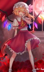 Rule 34 | 1girl, :d, absurdres, alice tam, ascot, blonde hair, blush, bobby socks, commentary request, crystal, curtains, fang, flandre scarlet, flower, frilled shirt collar, frilled skirt, frills, full body, hand to own mouth, hat, hat ribbon, heart, highres, holding, holding weapon, laevatein (touhou), looking at viewer, mary janes, mob cap, moon, one side up, open mouth, petals, puffy short sleeves, puffy sleeves, red eyes, red footwear, red ribbon, red skirt, red vest, ribbon, rose, rose petals, shoes, short sleeves, side ponytail, simple background, skirt, smile, socks, solo, standing, touhou, vest, weapon, white background, white hat, white socks, window, wings, yellow ascot