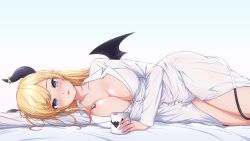 Rule 34 | 1girl, arm up, bat tattoo, bed sheet, blonde hair, blue eyes, breast tattoo, breasts, cleavage, collarbone, commentary, cup, demon girl, dress, highres, hololive, horns, large breasts, long hair, long sleeves, looking at viewer, lying, mixed-language commentary, mug, on side, outstretched arm, p-nekoe, parted lips, simple background, smile, solo, tail, tattoo, virtual youtuber, white background, white dress, wings, yuzuki choco, yuzuki choco (1st costume)