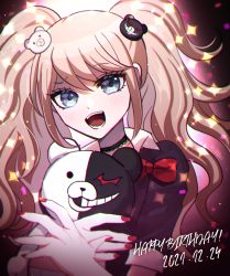 Rule 34 | 1girl, :d, bear hair ornament, black choker, blonde hair, blue eyes, bow, breasts, choker, cleavage, danganronpa: trigger happy havoc, danganronpa (series), dated, enoshima junko, gradient background, grey eyes, hair ornament, happy birthday, long hair, looking at viewer, mikao (eanv5385), monokuma, nail polish, necktie, open mouth, pink background, purple shirt, red bow, red nails, shirt, skirt, smile, solo, teeth, twintails, upper body, white background