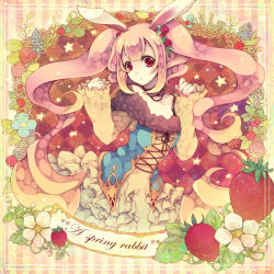 Rule 34 | 1girl, animal ears, flower, food, fruit, long hair, original, pink hair, rabbit ears, red eyes, red flower, red rose, robosuke, rose, solo, strawberry, strawberry blossoms, twintails