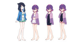 2girls absurdres aqua_eyes bare_legs barefoot black_hair black_one-piece_swimsuit blue_jacket blush closed_mouth colored_inner_hair cowlick creatures_(company) dot_(pokemon) game_freak hair_over_one_eye hand_up highres hood hooded_jacket jacket liko_(pokemon) long_sleeves looking_at_viewer multicolored_hair multiple_girls nintendo one-piece_swimsuit open_clothes open_jacket pokemon pokemon_(anime) pokemon_horizons purple_hair purple_jacket smile split_mouth standing swimsuit toes toumei_4869 white_background