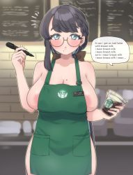 Rule 34 | 1girl, apron, areola slip, barista, black hair, blurry, blurry background, blush, bow, braid, brand name imitation, breasts, brown-framed eyewear, brown bow, cafe, choco-chan, cleavage, coffee, coffee cup, cup, disposable cup, earrings, english text, glasses, green apron, hair bow, hanjuku choco-pai, heart, heart earrings, heart in eye, holding, holding marker, iced latte with breast milk (meme), jewelry, large areolae, large breasts, long hair, low ponytail, marker, meme, mole, mole on breast, mole under mouth, multiple moles, naked apron, name tag, original, round eyewear, semi-rimless eyewear, side braid, solo, speech bubble, starbucks, surprised, symbol in eye, under-rim eyewear, very long hair