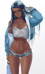 Rule 34 | 1girl, black hair, blue eyes, blue hair, blue jacket, breasts, closed mouth, covered erect nipples, creatures (company), dark-skinned female, dark skin, denim, denim shorts, earrings, game freak, gradient background, highres, hoop earrings, jacket, jewelry, long hair, looking at viewer, midriff, multicolored hair, navel, necklace, nessa (pokemon), nintendo, no bra, off shoulder, open fly, pokemon, pokemon swsh, short shorts, shorts, small breasts, smile, solo, standing, two-tone hair, unbuttoned, white background, zefrableu