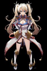 Rule 34 | 1girl, absurdres, armor, bad id, bad twitter id, black background, blonde hair, blue eyes, boots, bradamante (fate), bradamante (second ascension) (fate), braid, breasts, cleavage, coat, collarbone, elbow gloves, epaulettes, fate/grand order, fate (series), faulds, full body, gloves, hair ornament, highres, jacket, large breasts, leotard, leotard under clothes, long hair, looking at viewer, military jacket, osanai, simple background, smile, solo, standing