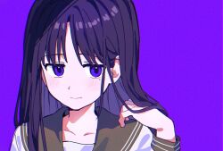 Rule 34 | 1girl, black collar, chromatic aberration, closed mouth, collar, facing viewer, hair behind ear, hair flip, hand up, highres, light smile, long hair, long sleeves, looking to the side, mole, mole under eye, original, parted bangs, portrait, purple background, purple eyes, purple hair, school uniform, serafuku, shadow, shirt, simple background, sleeve cuffs, solo, umipi, white shirt, wispy bangs