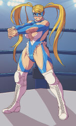 Rule 34 | 1girl, blonde hair, blue eyes, blue leotard, blush, boots, breasts, butcherboy, clothing cutout, full body, grin, hair pulled back, highres, large breasts, leotard, long hair, looking at viewer, mask, muscular, muscular female, rainbow mika, shoulder cutout, smile, solo, standing, street fighter, street fighter zero (series), stretching, thick thighs, thighs, twintails, white footwear, wrestling outfit