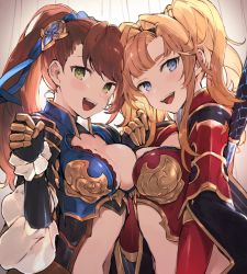 Rule 34 | 2girls, beatrix (granblue fantasy), blonde hair, blue eyes, breast press, breasts, brown hair, cleavage cutout, clothing cutout, enomoto hina, gloves, granblue fantasy, green eyes, highres, long hair, medium breasts, multiple girls, ponytail, symmetrical docking, twintails, zeta (granblue fantasy)