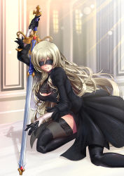 Rule 34 | 10s, 1girl, adsouto, back cutout, black blindfold, black dress, black hairband, black thighhighs, blindfold, blonde hair, blush, boots, breasts, cleavage, cleavage cutout, clothing cutout, cosplay, covered erect nipples, covered eyes, dress, feather-trimmed sleeves, gloves, goblin slayer!, hairband, high heel boots, high heels, highres, holding, holding sword, holding weapon, juliet sleeves, kneeling, lace, lace-trimmed cross-laced legwear, lace trim, large breasts, leather, leather boots, lens flare, leotard, long hair, long sleeves, nier:automata, nier (series), puffy sleeves, smile, solo, sword, sword maiden, thigh boots, thighhighs, thighhighs under boots, vambraces, very long hair, weapon, 2b (nier:automata), 2b (nier:automata) (cosplay)
