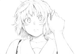 Rule 34 | 1girl, bad id, bad twitter id, collarbone, female focus, frown, greyscale, hair ribbon, monochrome, pov, ribbon, rumia, short hair, solo, surprised, takeuma, touhou, transparent background, upper body