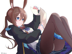 Rule 34 | 1girl, amiya (arknights), amopui, animal ear fluff, animal ears, arknights, ascot, bad id, bad pixiv id, black jacket, black pantyhose, blue ascot, blue eyes, blue skirt, brown hair, clipboard, commentary, feet out of frame, hair between eyes, highres, holding, holding clipboard, hood, hood down, infection monitor (arknights), jacket, jewelry, knees up, long hair, lying, multiple rings, necklace, on back, open clothes, open jacket, panties, panties under pantyhose, pantyhose, pleated skirt, ponytail, rabbit ears, ring, shirt, simple background, skirt, solo, thigh strap, twitter username, underwear, white background, white shirt