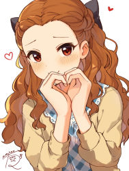Rule 34 | 1girl, blush, braid, brown hair, cardigan, forehead, french braid, half updo, heart, heart hands, highres, idolmaster, idolmaster cinderella girls, looking at viewer, mmmakaron888, own hands together, red eyes, seki hiromi, signature, simple background, smile, solo, upper body, wavy hair, white background, yellow cardigan