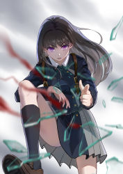 Rule 34 | 1girl, absurdres, black hair, black socks, blue jacket, blue skirt, broken glass, brown footwear, dated, finger gun, glass, glass shards, grey skirt, highres, huahong (user asrp7337), inoue takina, jacket, knee up, leaning forward, loafers, long hair, looking at viewer, lycoris recoil, pleated skirt, pointing, pointing at viewer, purple eyes, shoes, skirt, socks, solo, straight hair, thighs, two-tone skirt