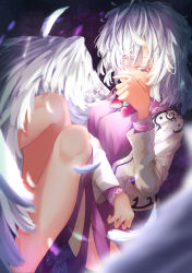 Rule 34 | 1girl, absurdres, blurry, blurry foreground, breasts, brooch, calpis118, closed mouth, covering own mouth, dark background, dress, feathered wings, feathers, feet out of frame, green brooch, highres, jewelry, kishin sagume, long sleeves, medium breasts, medium hair, purple dress, solo, touhou, white hair, white wings, wings