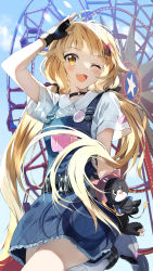 Rule 34 | 1girl, ;d, absurdres, ahoge, arm up, black choker, blonde hair, blue sky, blush, brown eyes, choker, cloud, collared shirt, commentary request, copyright request, day, dress shirt, ferris wheel, frills, grey footwear, hair ornament, highres, long hair, looking at viewer, low twintails, one eye closed, open mouth, outdoors, overall skirt, pentagon (railgun ky1206), shirli (tower of fantasy), shirt, shoes, short sleeves, sky, smile, socks, solo, standing, standing on one leg, star (symbol), twintails, very long hair, white shirt, white socks