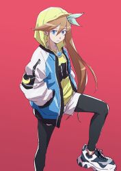 Rule 34 | 1girl, ace attorney, alternate costume, athena cykes, black leggings, blue eyes, closed mouth, commentary request, crescent, crescent earrings, earrings, hair ribbon, hands in pockets, hood, hood up, hooded jacket, jacket, jewelry, leggings, long hair, long sleeves, looking at viewer, multicolored clothes, multicolored jacket, necklace, open clothes, open jacket, orange hair, red background, ribbon, shirt, shoes, shorts, side ponytail, simple background, single earring, sneakers, solo, standing, streetwear, taba (tb gya), white shorts, yellow shirt