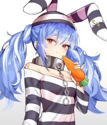 Rule 34 | 1girl, animal hat, bare shoulders, blue hair, breasts, carrot, closed mouth, collar, commentary, facing viewer, hat, highres, holding, holding carrot, hololive, long hair, looking ahead, metal collar, multicolored hair, nogong, prison clothes, rabbit hat, red eyes, simple background, small breasts, smile, solo, twintails, upper body, usada pekora, usada pekora (prisoner), virtual youtuber, white background