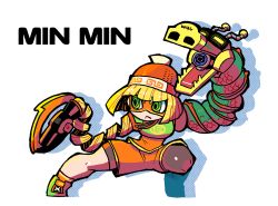 Rule 34 | 1girl, :&lt;, @ @, arms (game), blonde hair, blunt bangs, closed mouth, drop shadow, fighting stance, green eyes, halftone, mechanical arms, min min (arms), nintendo, orange shorts, rariatto (ganguri), short hair, shorts, simple background, single mechanical arm, solo, standing, super smash bros., white background