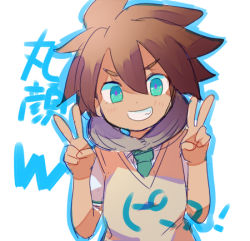 Rule 34 | 1boy, androgynous, bad id, bad pixiv id, brown hair, double v, grin, inazuma eleven, inazuma eleven (series), inazuma eleven go, looking at viewer, lowres, male focus, pippilipi, sata tosamaru, smile, solo, translation request, v, white background