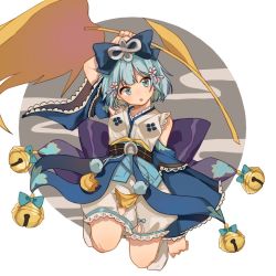 Rule 34 | 1girl, ame ame, blue eyes, blue hair, detached sleeves, frilled sleeves, frills, hair ornament, holding, holding leaf, japanese clothes, leaf, onmyoji, open mouth, solo, white background, white legwear, wide sleeves, ying grass