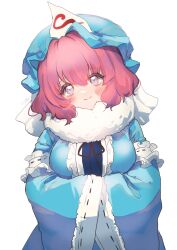 Rule 34 | 1girl, adapted costume, black ribbon, blue hat, blue kimono, blush, closed mouth, fur-trimmed kimono, fur trim, hands in opposite sleeves, hat, head tilt, highres, japanese clothes, kimono, long sleeves, looking at viewer, mob cap, neck ribbon, pink hair, purple eyes, ribbon, saigyouji yuyuko, short hair, simple background, sleeve garter, smile, solo, touhou, triangular headpiece, uchisaki himari, upper body, veil, white background, wide sleeves