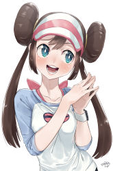 Rule 34 | 1girl, absurdres, aqua eyes, artist name, back bow, blush, bow, breasts, brown hair, collarbone, creatures (company), double bun, female focus, game freak, hair bun, hair tie, hands up, happy, hat, highres, long hair, looking to the side, nintendo, open mouth, own hands together, pantyhose, pink bow, pink hat, poke ball symbol, poke ball theme, pokemon, pokemon bw2, pokemon masters ex, raglan sleeves, raised eyebrow, rosa (pokemon), shirt, signature, simple background, small breasts, smile, solo, standing, sweat, taiga (ryukyu-6102-8), teeth, twintails, upper body, visor cap, white background, white shirt