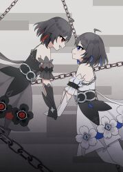 Rule 34 | 2girls, :d, absurdres, ahoge, bare shoulders, black flower, black gloves, black hair, blue eyes, blue hair, chain, closed mouth, commentary request, dress, elbow gloves, eye contact, feet out of frame, flower, from side, gloves, grey background, grey dress, h2o omizu, hair between eyes, highres, holding hands, honkai (series), honkai impact 3rd, looking at another, multicolored hair, multiple girls, open mouth, pantyhose, profile, red eyes, red hair, seele (alter ego), seele vollerei, seele vollerei (stygian nymph), smile, two-tone hair, white dress, white flower, white gloves, white pantyhose