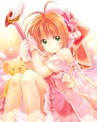 Rule 34 | 1girl, antenna hair, bow, brown hair, cardcaptor sakura, closed mouth, doily, dress, feathers, fuuin no tsue, gloves, green eyes, hat, hat bow, highres, holding, kero (cardcaptor sakura), kinomoto sakura, kosame koori, large bow, looking at viewer, magical girl, off-shoulder dress, off shoulder, petticoat, pink dress, pink hat, red bow, short dress, short hair, short sleeves, sitting, smile, solo, wand, white gloves