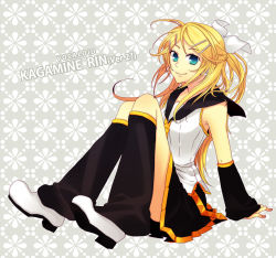 Rule 34 | 1girl, alternate hairstyle, arm support, blonde hair, colorized, detached sleeves, future style (module), green eyes, hair ribbon, highres, kagamine rin, long hair, looking at viewer, aged up, ribbon, shoes, sitting, skirt, smile, solo, tamura hiro, vocaloid