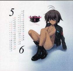 Rule 34 | 1girl, annoyed, antenna hair, black hair, blush, boots, bottomless, calendar, dark-skinned female, dark skin, dog tags, flat chest, frown, gloves, highres, jacket, jewelry, june, knife, leg hold, military, military uniform, miyata sou, muv-luv, muv-luv alternative, muv-luv total eclipse, necklace, open clothes, open jacket, scan, shadow, sitting, solo, tan, tarisa manandal, uniform