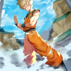 Rule 34 | 1boy, absurdres, alternate hairstyle, aqua eyes, blonde hair, boots, commentary request, day, dougi, dragon ball, dragonball z, dust cloud, highres, male focus, manly, muscular, namek, outdoors, serious, sleeveless, solo, son goku, spiked hair, super saiyan, super saiyan 1, wristband, yoshio (55level)