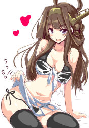 Rule 34 | 10s, 1girl, ahoge, alternate costume, bare shoulders, bikini, black bikini, black panties, black thighhighs, blush, breasts, brown hair, cleavage, come hither, commentary request, double bun, hair bun, hair ornament, hairband, highres, it&#039;s ok to touch, kantai collection, kongou (kancolle), large breasts, long hair, looking at viewer, natsu (anta tte hitoha), naughty face, navel, open mouth, panties, side-tie bikini bottom, simple background, sketch, smile, solo, swimsuit, thighhighs, underwear