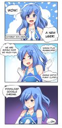 Rule 34 | 1girl, 3koma, absurdres, blue eyes, blue hair, comic, elbow gloves, english text, gloves, hair ornament, highres, internet explorer, internet explorer (merryweather), merryweather, one eye closed, open mouth, original, own hands clasped, own hands together, ponytail, product girl, smile, solo, white gloves