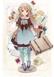 Rule 34 | 1girl, :d, apron, black footwear, blue apron, blue pantyhose, blush, brown dress, brown eyes, brown hair, commentary request, dress, envelope, eyebrows hidden by hair, flower, full body, hair between eyes, hair flower, hair ornament, head scarf, highres, holding, letter, long hair, looking at viewer, open mouth, original, pantyhose, plaid, postage stamp, scissors, shoes, short sleeves, single wrist cuff, smile, solo, spool, standing, string, suitcase, very long hair, white flower, wrist cuffs, yuzuyomogi
