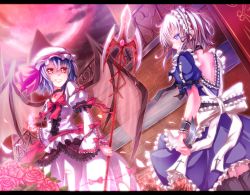 Rule 34 | 2girls, adapted costume, bad id, bad pixiv id, bat wings, black legwear, blue eyes, blue hair, bow, dabadhi, earrings, female focus, flower, frills, garter straps, grin, hat, highres, izayoi sakuya, jewelry, knife, lace, letterboxed, magic, maid headdress, moon, multiple girls, petals, polearm, red eyes, red moon, remilia scarlet, rose, short hair, silver hair, smile, spear, spear the gungnir, star (sky), thighhighs, throwing knife, touhou, weapon, wings, wrist cuffs, zettai ryouiki