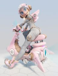 Rule 34 | 1girl, 3d, ass, backpack, bag, blonde hair, blue eyes, bodysuit, boots, breasts, commentary, english commentary, full body, gloves, grey bodysuit, harness, helmet, highres, hover bike, hover scooter, hover vehicle, original, pink footwear, pink gloves, pinup (style), ribbed bodysuit, riding, science fiction, short hair with long locks, sitting, small breasts, solo, teeth, upper teeth only, visor, xaxaxa