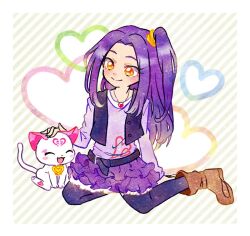 Rule 34 | 1girl, blush, boots, cat, closed eyes, commentary request, frills, heart, hoppetoonaka3, hummy (suite precure), jewelry, long hair, magical girl, open mouth, precure, purple hair, seiren (suite precure), side ponytail, skirt, smile, suite precure, thighhighs, yellow eyes