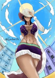 Rule 34 | 1girl, alabasta, bare shoulders, black hair, blue eyes, breasts, cityscape, cleavage cutout, clothing cutout, cloud, cloudy sky, cowboy hat, cowboy western, dark-skinned female, dark skin, female focus, hat, highres, holding, holding clothes, holding hat, jacket, large breasts, long hair, looking at viewer, looking down, midriff, navel, nico robin, nico robin (alabasta), one piece, sky, solo, sun, sunlight, thick thighs, thighs, underboob
