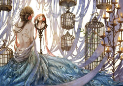 Rule 34 | 1girl, bare shoulders, bird, birdcage, brown hair, cage, candle, curtains, feathers, flower, from behind, hair flower, hair ornament, ko hokoryoku, long hair, mirror, original, red lips, reflection, solo, tattoo