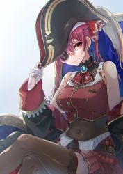 Rule 34 | 1girl, bare shoulders, black thighhighs, breasts, cleavage, crossed legs, eyepatch, gloves, hat, highres, hololive, houshou marine, kuratarou0011, light smile, long hair, looking at viewer, navel, off shoulder, pirate hat, pleated skirt, red eyes, red hair, see-through, see-through cleavage, sitting, skirt, sleeveless, solo, thighhighs, twintails, virtual youtuber, white gloves