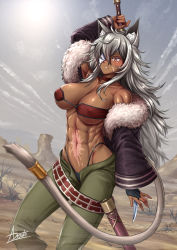 Rule 34 | 1girl, adsouto, ahoge, animal ear fluff, animal ears, arm behind head, arm up, armpits, bandeau, belt, black jacket, black panties, breasts, bridal gauntlets, cat ears, cat tail, choker, cleavage, closed mouth, commentary, covered erect nipples, cowboy shot, dark-skinned female, dark skin, eyepatch, facial scar, fur-trimmed jacket, fur trim, ghislaine dedoldia, green pants, grey sky, groin, hair between eyes, highleg, highleg panties, highres, holding, holding sword, holding weapon, jacket, knife, large breasts, long hair, long sleeves, looking to the side, midriff, muscular, muscular female, mushoku tensei, navel, off shoulder, open belt, open pants, panties, pants, red choker, red eyes, scabbard, scar, scar on cheek, scar on face, scar on stomach, sheath, sheathed, sidelocks, sky, solo, standing, sword, tail, tail ornament, tail ring, underboob, underwear, unsheathed, weapon, white belt
