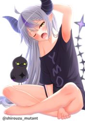 Rule 34 | 1girl, absurdres, alternate costume, arm support, arm up, armpits, bare legs, barefoot, between legs, blurry, blurry background, blush, braid, collarbone, commentary request, crossed legs, crow (la+ darknesss), fang, feet, full body, grey hair, hand between legs, head tilt, highres, hololive, horns, la+ darknesss, leaning forward, legs, long hair, mixed-language commentary, multicolored hair, off shoulder, one eye closed, open mouth, oversized clothes, oversized shirt, pointy ears, print shirt, purple hair, purple shirt, shadow, shiny skin, shirouzu myuuta, shirt, short sleeves, sidelocks, sitting, skin fang, streaked hair, striped horns, tail, thighs, toes, twitter username, very long hair, virtual youtuber, white background, yawning, yellow eyes