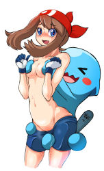 Rule 34 | &gt; &lt;, 1boy, 1girl, bandana, between legs, bike shorts, bike shorts pull, blush, breasts, collarbone, creatures (company), game freak, gen 2 pokemon, gloves, hands up, hat, heart, heart-shaped pupils, highres, jpeg artifacts, legs apart, looking back, looking to the side, masakichi (heppouku), may (pokemon), navel, nintendo, open mouth, pokemon, pokemon (creature), pokemon rse, pussy juice, red headwear, simple background, small breasts, smile, standing, sweat, symbol-shaped pupils, tears, topless, white background, white gloves, wobbuffet