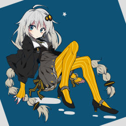 Rule 34 | 1girl, ahoge, black dress, black footwear, black jacket, blue background, blue eyes, blush, braid, breasts, closed mouth, commentary request, dress, fingerless gloves, full body, gloves, grey background, hair between eyes, hair ornament, headset, high heels, jacket, kizuna akari, long hair, long sleeves, looking at viewer, low twintails, medium breasts, open clothes, open jacket, orange gloves, orange pantyhose, pantyhose, puffy long sleeves, puffy sleeves, shoes, solo, star (symbol), striped clothes, striped gloves, striped pantyhose, toake mikage, twin braids, twintails, two-tone background, vertical-striped clothes, vertical-striped gloves, vertical-striped pantyhose, very long hair, voiceroid