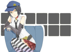 Rule 34 | 1girl, bad id, bad pixiv id, belt, black hair, chair, collar, detached sleeves, green eyes, hat, marie (persona 4), necktie, ono-sasaku12, persona, persona 4, persona 4 the golden, plaid, plaid skirt, pleated skirt, short hair, sitting, skirt, solo, striped clothes, striped thighhighs, thighhighs, vest
