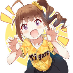 Rule 34 | 1girl, :d, ahoge, baseball jersey, belt, black belt, black skirt, brown hair, claw pose, commentary request, drill hair, hair ornament, hair scrunchie, hanshin tigers, idolmaster, idolmaster million live!, jersey, leaning forward, looking at viewer, miniskirt, nippon professional baseball, notice lines, open mouth, outline, partial commentary, pleated skirt, purple eyes, scrunchie, shirt, short sleeves, side drill, side ponytail, skirt, smile, solo, standing, toma (shinozaki), white background, white outline, yellow scrunchie, yellow shirt, yokoyama nao