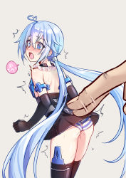 Rule 34 | 10s, 1girl, ahoge, arched back, armlet, ass, bare shoulders, black gloves, black skirt, black thighhighs, blue eyes, blue hair, blush, commentary request, detached sleeves, elbow gloves, frame arms girl, from behind, gloves, hair tie, heart, heart-shaped pupils, heart ahoge, highres, hika (cross-angel), leaning forward, long hair, mecha musume, mini person, minigirl, motion lines, nose blush, open mouth, panties, pussy juice, rubbing, simple background, skirt, solo focus, spoken heart, standing, striped clothes, striped panties, stylet, sweat, symbol-shaped pupils, tears, thighhighs, translated, trembling, twintails, uncommon stimulation, underwear, very long hair